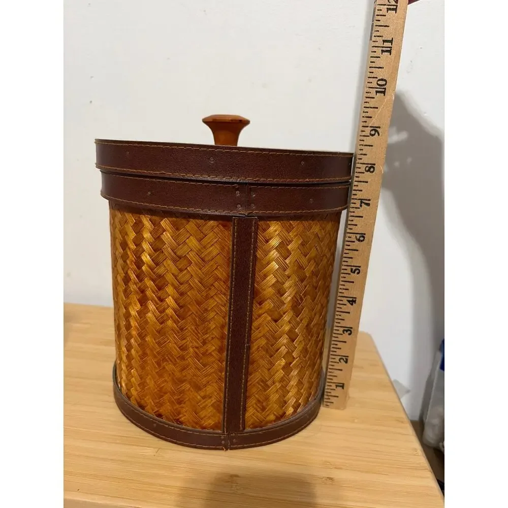 Vintage Woven Rattan Ice Bucket Faux Leather Trim Insulated Tiki Barware
